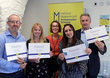 Mike Ryan, Harbourmaster, Port of Milford Haven; Sara Aicken, PR and Communications Executive, Port of Milford Haven; Clare Stowell, Director of Property and Tourism, Port of Milford Haven; Lisa Devonald, Graphic Designer and Neil Jenkins, Development Director, Port of Milford Haven