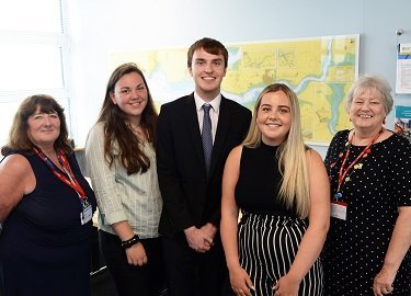 Last year's scholarship winners Jannah Kehoe, Matthew Dawes and Isobel Coombe with members of the panel Maxine Thomas and Pat James.
